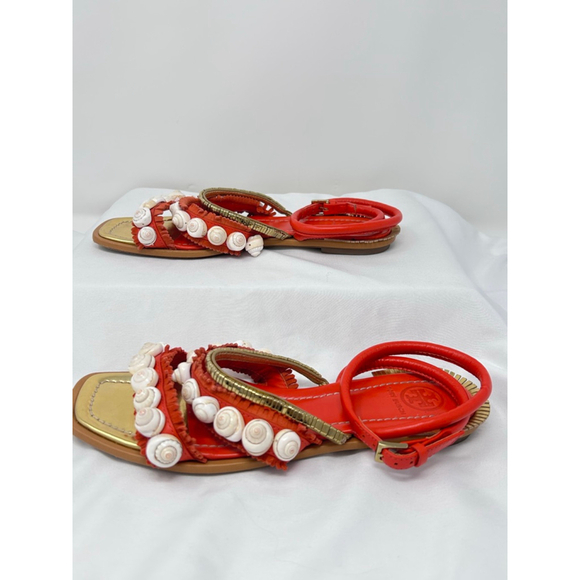 Tory Burch Sinclair Seashell Ankle Wrap Sandals Red Leather Size 7 Flat - Picture 2 of 7